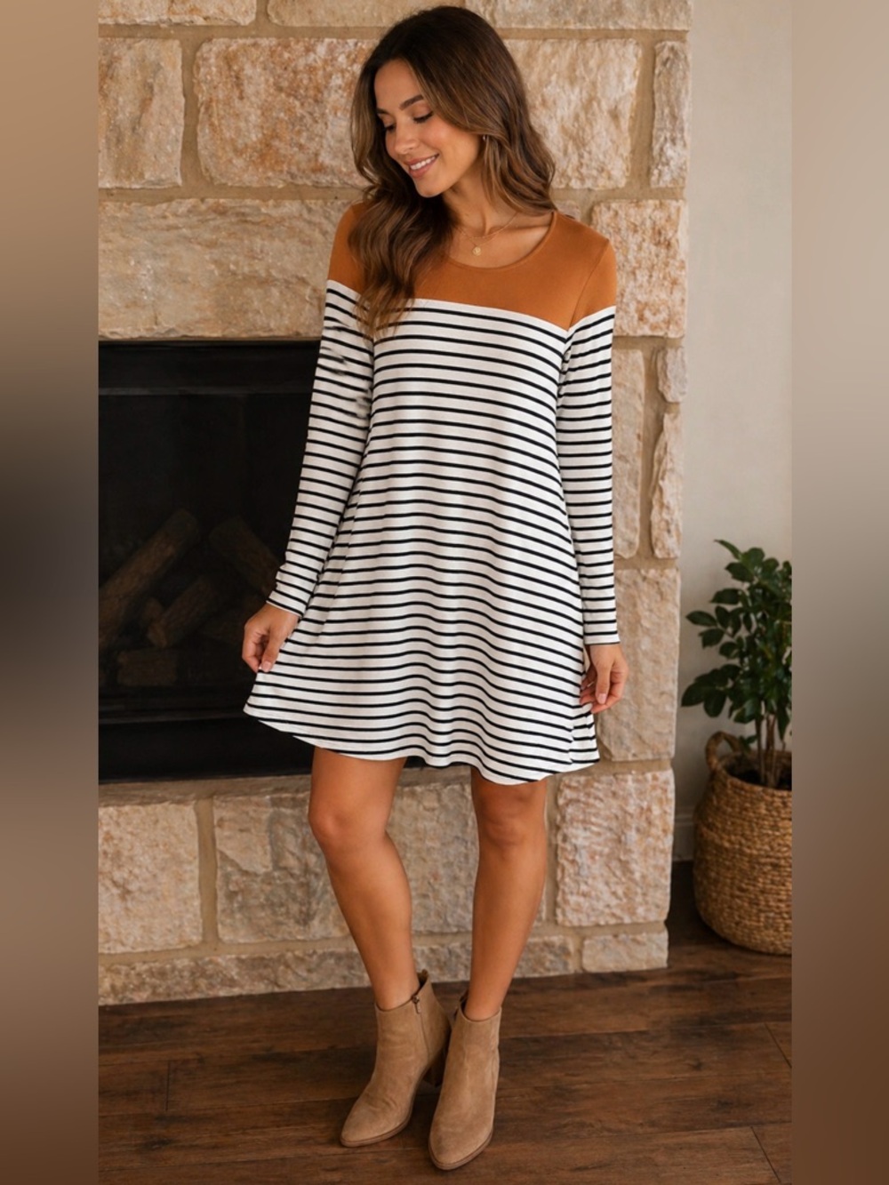 HYFVE Striped Midi Dress with Camel Yoke
